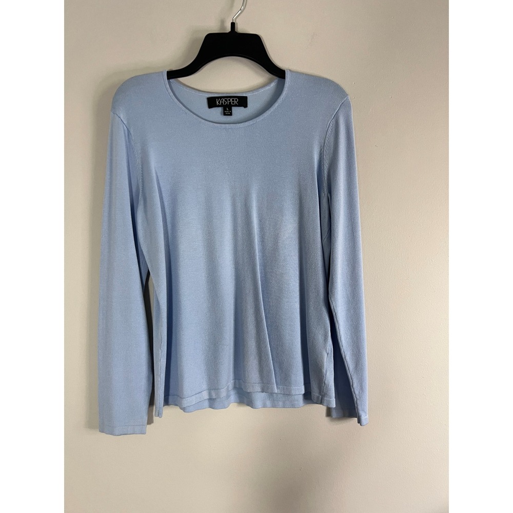 Kasper Light Blue Long Sleeve Crew Neck Knit Sweater Top Large